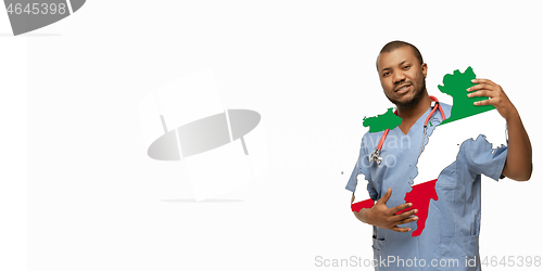 Image of Beautiful african-american doctor cares about Italy isolated over white studio background