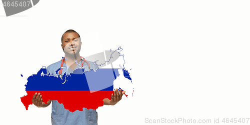 Image of Beautiful african-american doctor cares about Russia isolated over white studio background