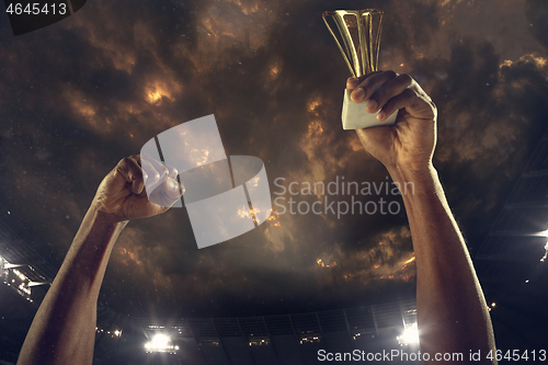 Image of Award of victory, male hands tightening the cup of winners against cloudy dark sky