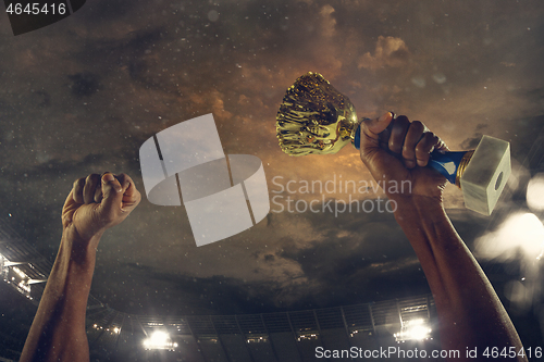 Image of Award of victory, male hands tightening the cup of winners against cloudy dark sky