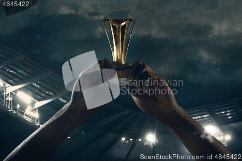 Image of Award of victory, male hands tightening the cup of winners against cloudy dark sky