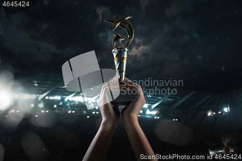 Image of Award of victory, male hands tightening the cup of winners against cloudy dark sky