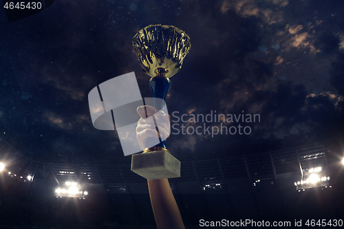 Image of Award of victory, male hands tightening the cup of winners against cloudy dark sky