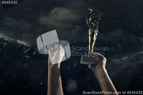 Image of Award of victory, male hands tightening the cup of winners against cloudy dark sky