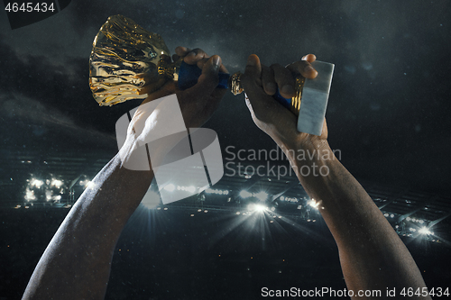 Image of Award of victory, male hands tightening the cup of winners against cloudy dark sky