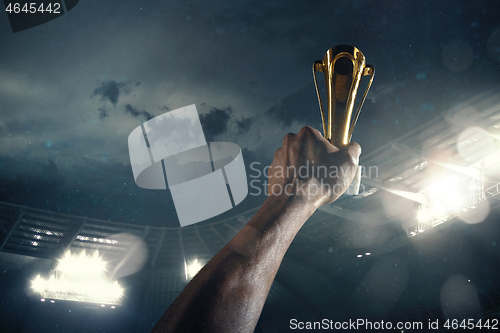 Image of Award of victory, male hands tightening the cup of winners against cloudy dark sky