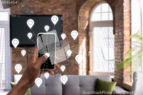 Image of Food and goods purchase via the Internet. Your smartphone or other gadget - all you need for food arriving to any address