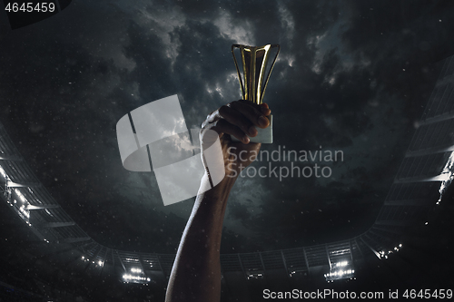 Image of Award of victory, male hands tightening the cup of winners against cloudy dark sky