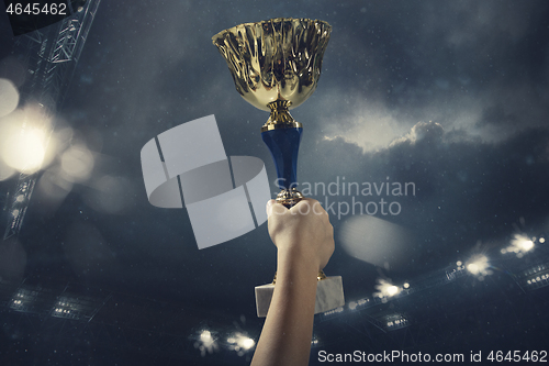 Image of Award of victory, male hands tightening the cup of winners against cloudy dark sky