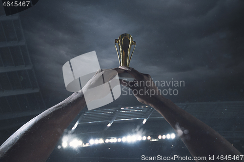 Image of Award of victory, male hands tightening the cup of winners against cloudy dark sky