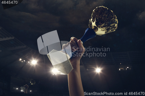 Image of Award of victory, male hands tightening the cup of winners against cloudy dark sky