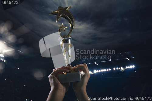 Image of Award of victory, male hands tightening the cup of winners against cloudy dark sky