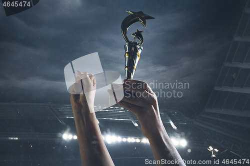 Image of Award of victory, male hands tightening the cup of winners against cloudy dark sky