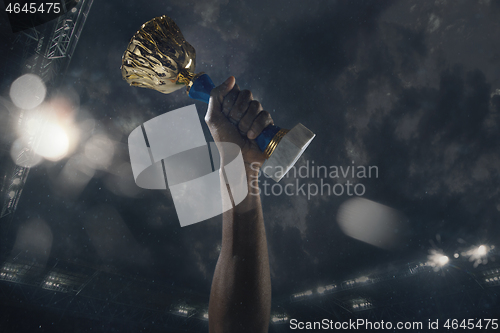 Image of Award of victory, male hands tightening the cup of winners against cloudy dark sky