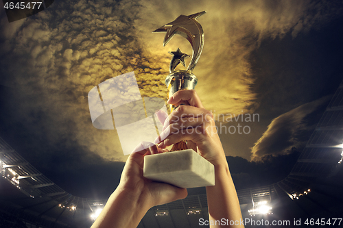 Image of Award of victory, male hands tightening the cup of winners against cloudy dark sky