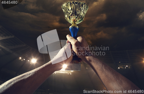 Image of Award of victory, male hands tightening the cup of winners against cloudy dark sky