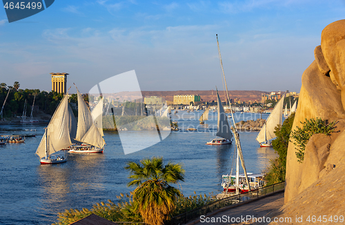 Image of felucca boats on Nile river in Aswan