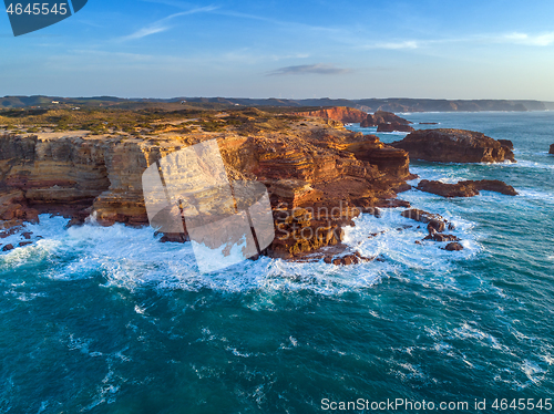 Image of Aerial view on rock cliffs and waves