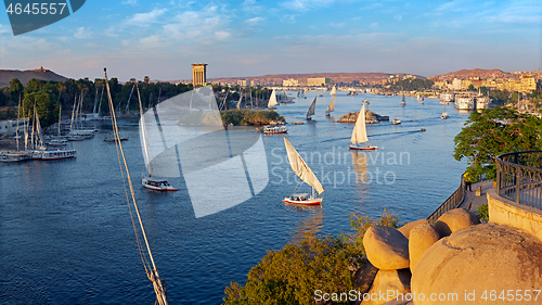 Image of felucca boats on Nile river in Aswan