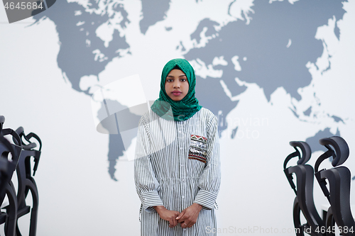 Image of portrait of african muslim business woman at office