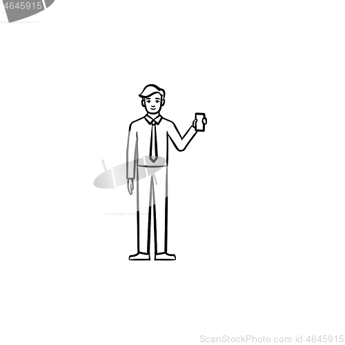 Image of Man with electronic tablet hand drawn sketch icon.