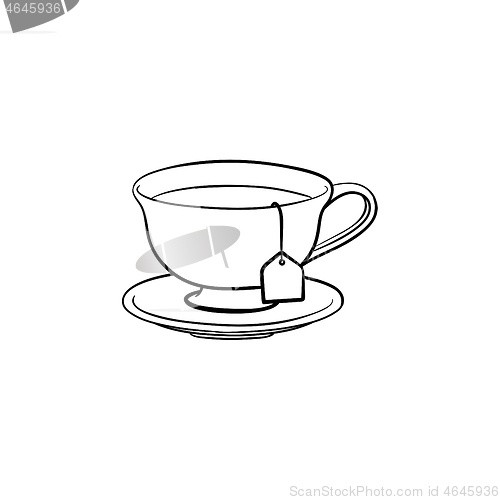 Image of Cup with tea bag hand drawn sketch icon.