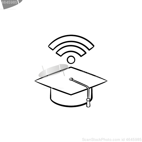 Image of Graduation cap with network wifi sign sketch icon