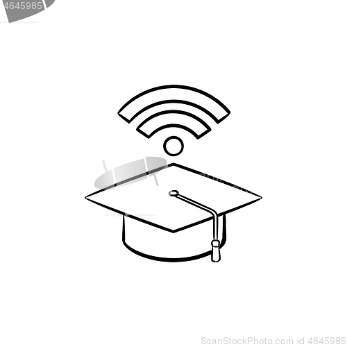 Image of Graduation cap with network wifi sign sketch icon