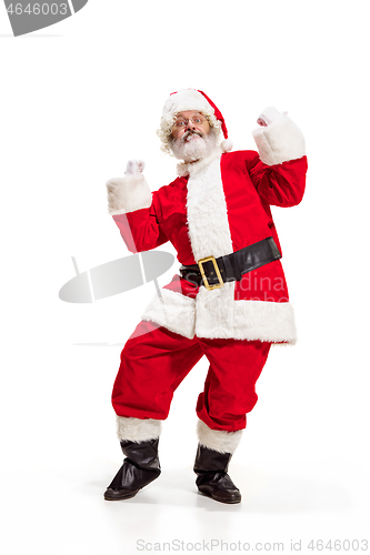 Image of Hey, hello. Holly jolly x mas festive noel. Full length of funny santa in headwear, costume