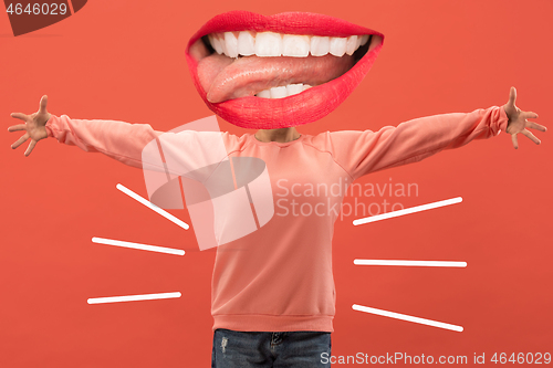 Image of Collage in magazine style with happy emotions and female lips instead of head.