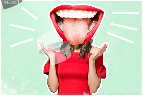 Image of Collage in magazine style with happy emotions and female lips instead of head.