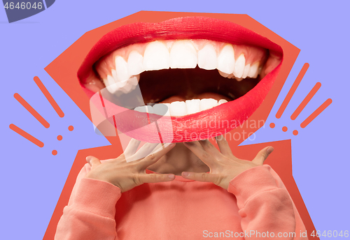 Image of Collage in magazine style with happy emotions and female lips instead of head.