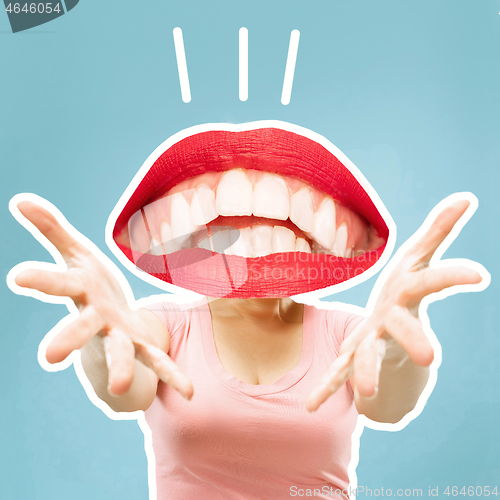 Image of Collage in magazine style with happy emotions and female lips instead of head.