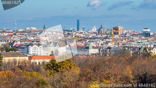Image of Urban landscape with roofs of historic and modern buildings in Vienna.