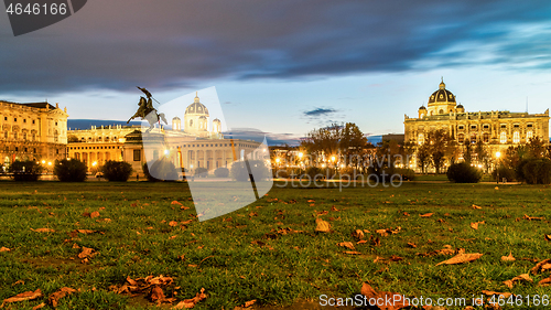 Image of Night landscape with view to Heldenplatz, Heroes\' Square in Vienna.