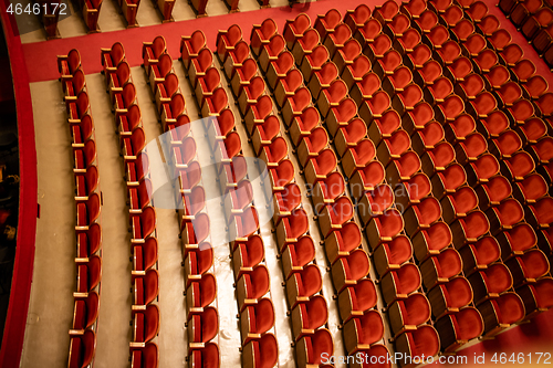 Image of The empty parterre in the concert hall of Vienna State Opera auditorium.