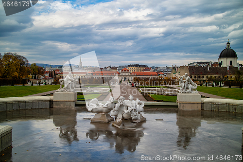 Image of Fountain with ancient sculptures in baroque style before Schloss Belvedere in Vienne.