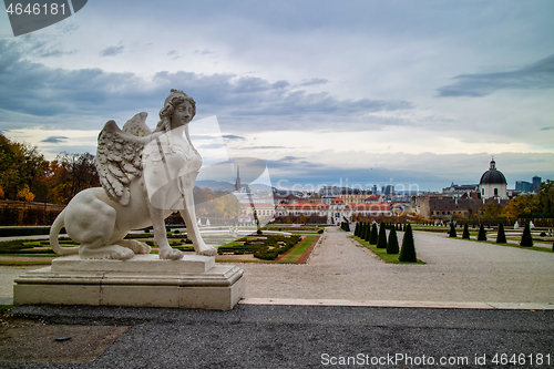 Image of Marble statue of Woman Sphinx on a parapet of Belvedere Palace in Vienna.