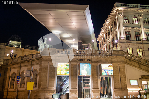 Image of VIENNA, AUSTRIA - November 11, 2015: Facade of Albertina Museum modern building at night in Vienna, Austria.