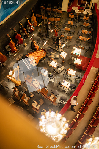 Image of Orchestra pit without artists in the interior of the Vienna State Opera auditorium.