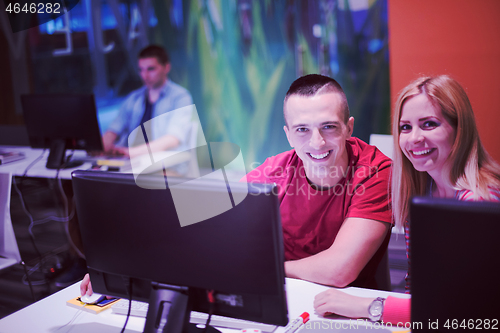 Image of technology students group in computer lab school  classroom