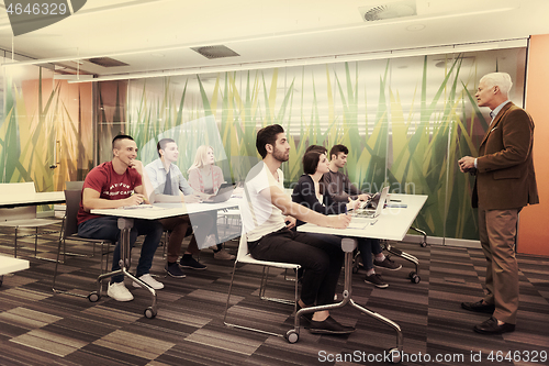 Image of teacher with a group of students in classroom