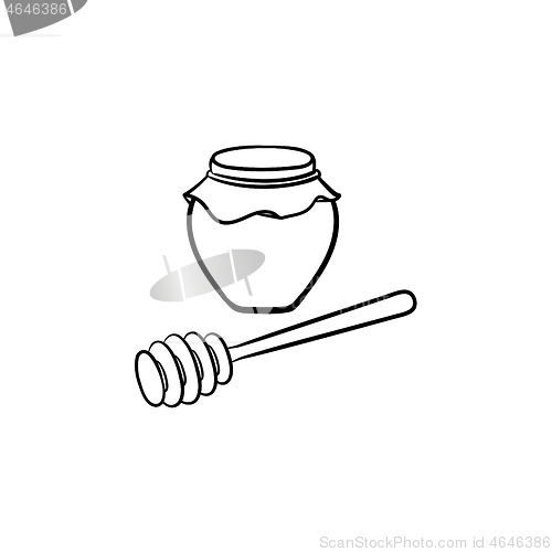 Image of Honey in a jar and spoon hand drawn sketch icon.