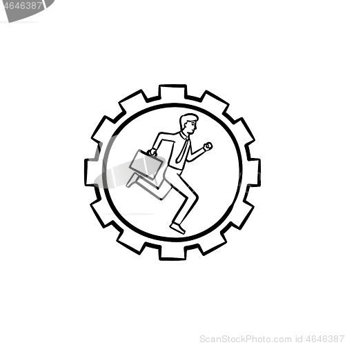 Image of Man running in the gear hand drawn sketch icon.