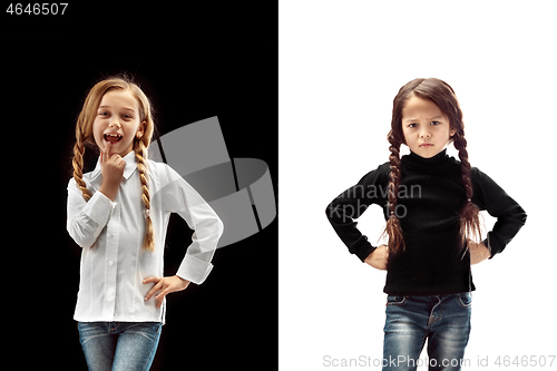 Image of portrait of two emotional girls on a white and black background