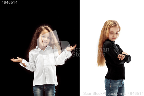 Image of portrait of two emotional girls on a white and black background