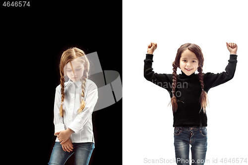 Image of portrait of two emotional girls on a white and black background