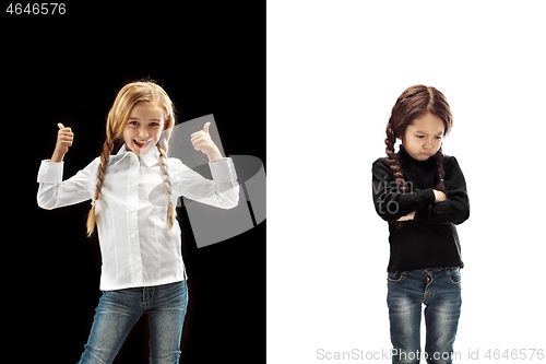 Image of portrait of two emotional girls on a white and black background