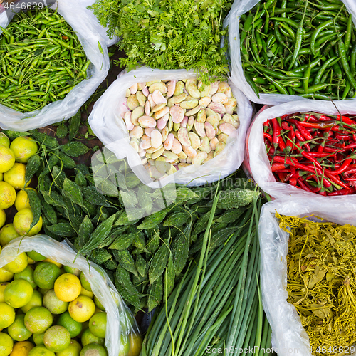 Image of Farmers market with various domestic colorful fresh fruits and vegetable.