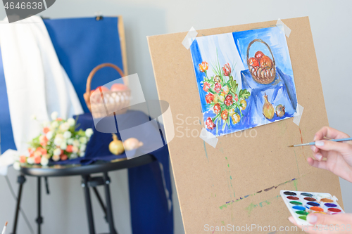 Image of painted still life against the background of a real still life